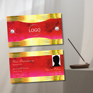 Classy Red Marble Shiny Gold Border Logo and Photo Business Card