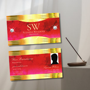 Classy Red Marble Shiny Gold Border Monogram Photo Business Card