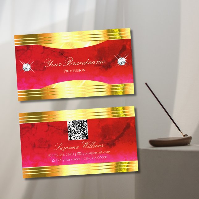 Classy Red Marble Shiny Gold Borders with QR Code Business Card (Creator Uploaded)