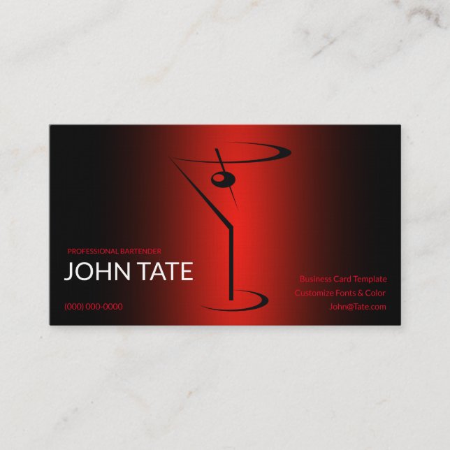 Classy Red Martini Metallic Bartender Template Business Card (Front)
