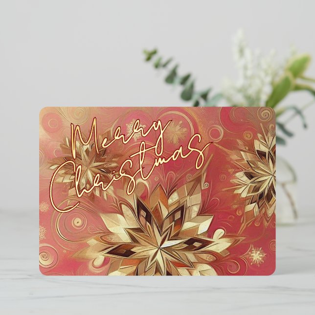 Classy Red Pink Abstract Snowflake Floral Art Gold (Standing Front)