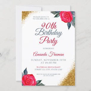Classy Red Rose 90th Birthday Invitation