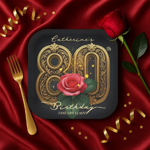 Classy Red Rose and Gold Filigree 80th Birthday Paper Plate