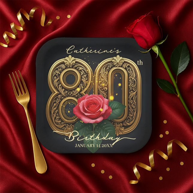Classy Red Rose and Gold Filigree 80th Birthday Paper Plate (Creator Uploaded)