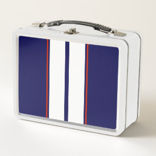 Classy Red, White, and Blue Racing Stripes Metal Lunch Box