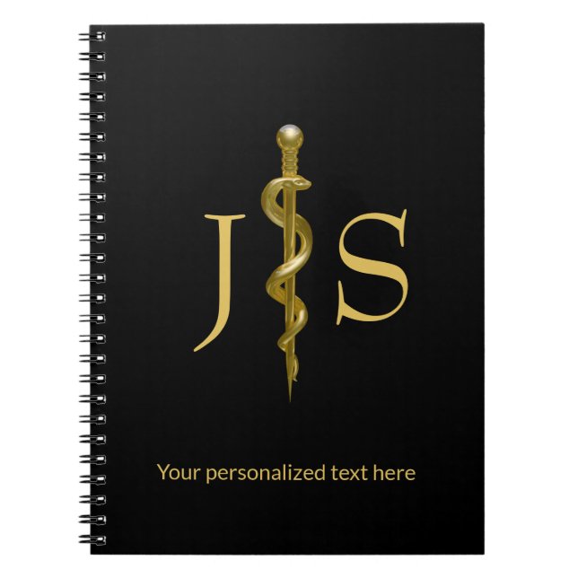 Classy Rod of Asclepius Medical Gold on Black Notebook (Front)