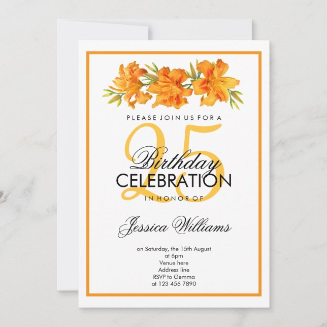 Classy Romantic Orange Day Lilies Birthday Invitation (Front)