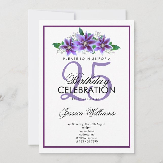 Classy Romantic Purple Clematis Birthday Invitation (Front)