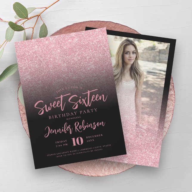 Classy Rose Gold Black Glitter Photo Sweet 16   Invitation (Classy Rose Gold Black Glitter Photo Sweet 16 Invitation)