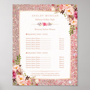 Classy Rose Gold Glitter Floral Beauty Salon Menu Poster