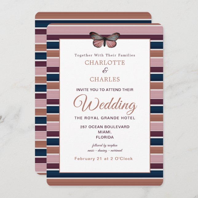 Classy Rose Gold Navy Plum Stripe Pattern Invitation (Front/Back)