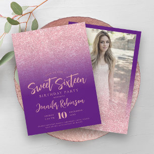 Classy Rose Gold Purple Glitter Photo Sweet 16   Invitation