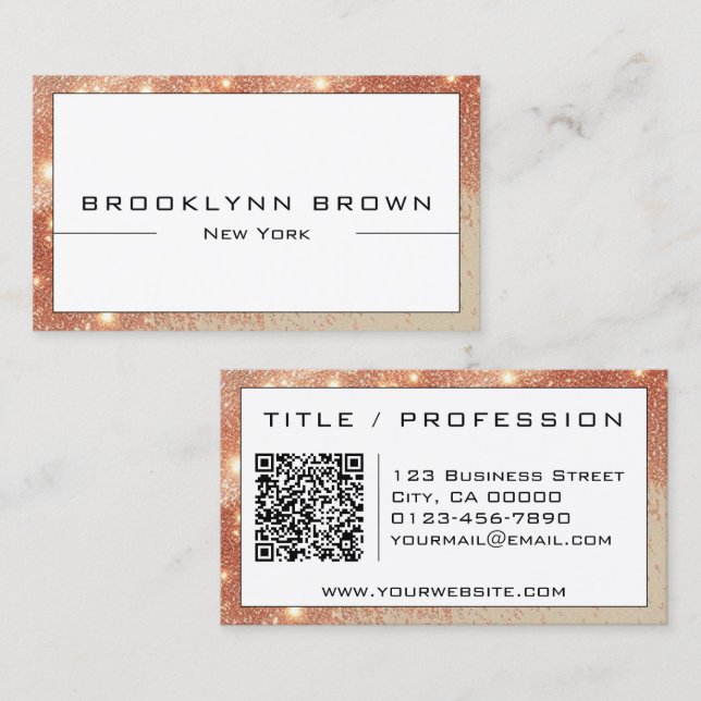 Classy Rose Gold White Luminous Glitter QR Code Business Card (Front/Back)