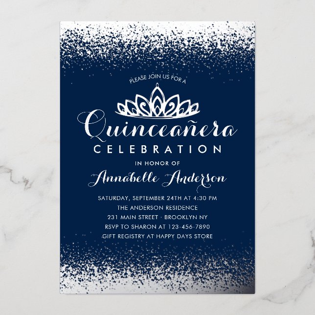 Classy Royal Blue Quinceañera Silver Tiara Glitter (Front)