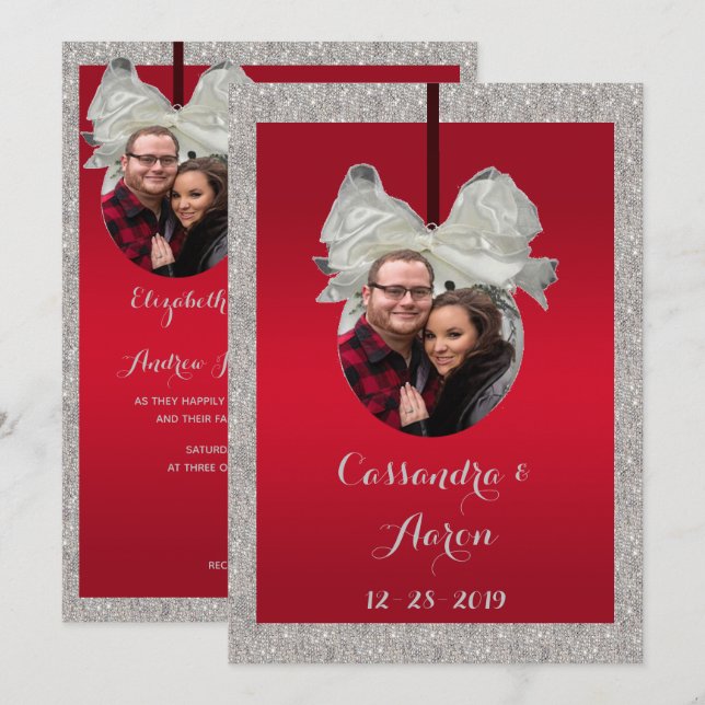Classy Ruby Red & Sparkly Bauble Christmas Wedding Invitation (Front/Back)