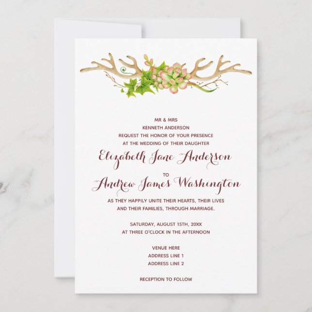Classy Rustic Antlers & Wildflowers Wedding Invitation (Front)