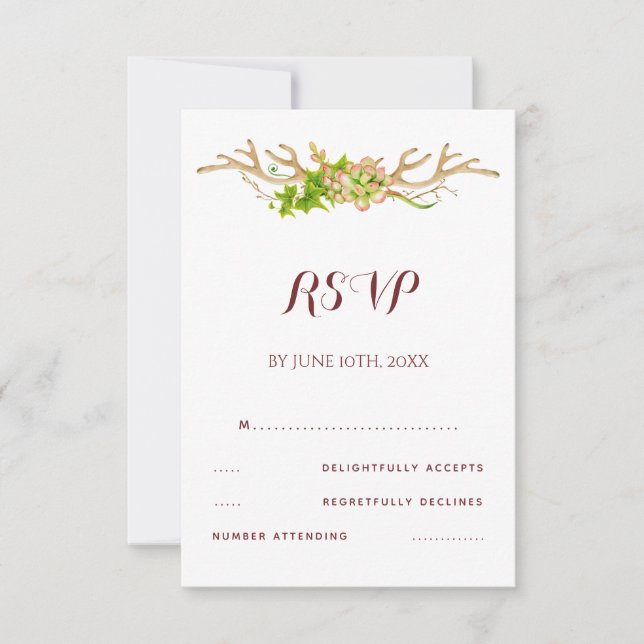 Classy Rustic Antlers & Wildflowers Wedding RSVP Card (Front)