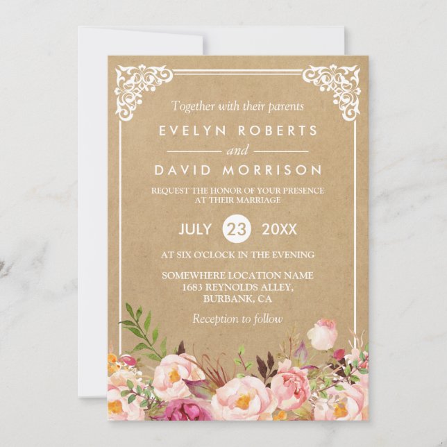 Classy Rustic Floral Frame Kraft | Formal Wedding Invitation (Front)