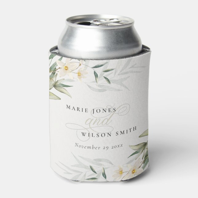 Classy Rustic White Greenery Floral Bunch Wedding Can Cooler (Can Front)