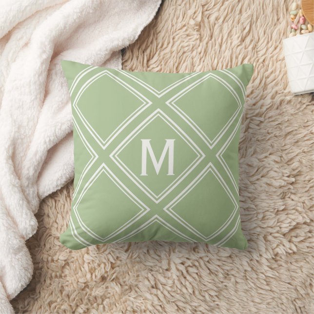 Classy Sage and White Diamond Pattern Monogram Cushion (Blanket)