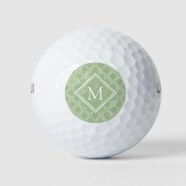 Classy Sage and White Diamond Pattern Monogram Golf Balls (Front)