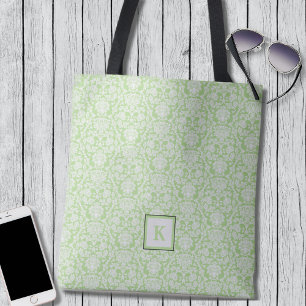 Classy Sage Green Damask Pattern Monogram Tote Bag