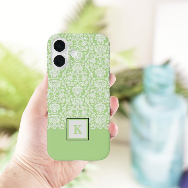 Classy Sage Green Damask Pattern Monogram Tote Bag Case-Mate iPhone Case (Creator Uploaded)