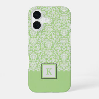 Classy Sage Green Damask Pattern Monogram Tote Bag iPhone 16 Case