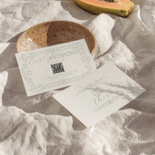 Classy Sage Green Floral Old Money QR Code Wedding RSVP Card
