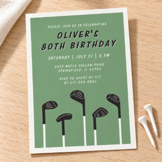 Classy Sage Green Modern Golf Mens 80th Birthday Invitation