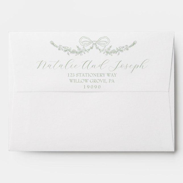 Classy Sage Green Old Money Botanical Bow Wedding Envelope (Back (Top Flap))