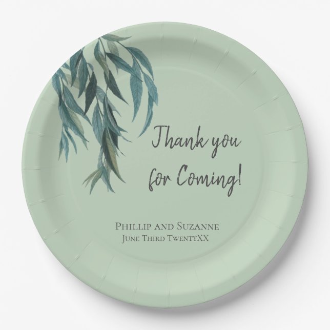Classy Sage Green Willow Branch Botanical Wedding Paper Plate (Front)