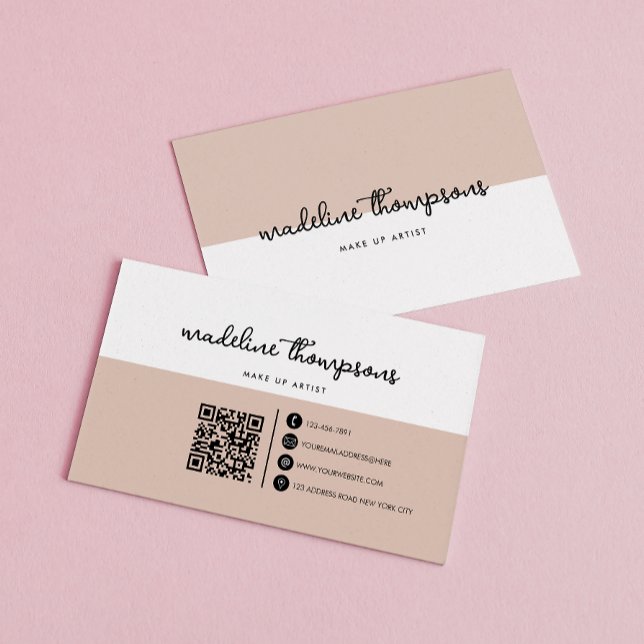 Classy Script Dual Tone Beige White Script QR Code Business Card (Creator Uploaded)