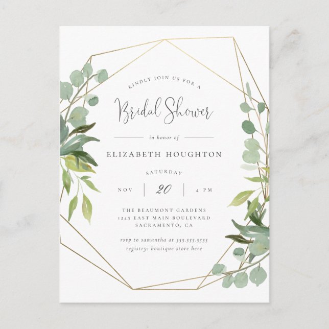 Classy Script Geometric Greenery Bridal Shower Invitation Postcard (Front)