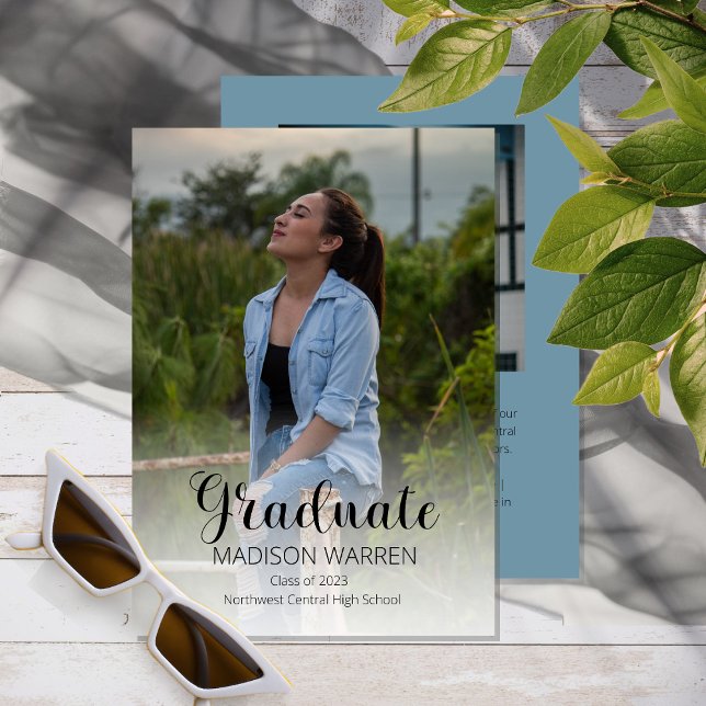 Classy Script Graduate Two Photo Graduation Blue Invitation (Creator Uploaded)