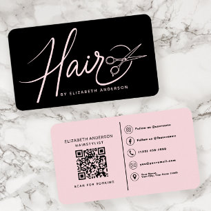 Classy Script Hairstylist Blush & Black QR Code Business Card