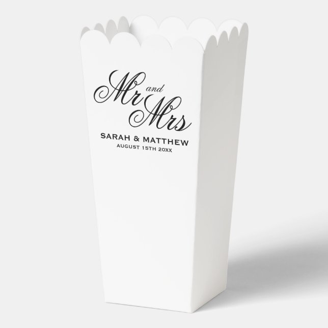 Classy script Mr and Mrs wedding party popcorn Favour Box (Front)