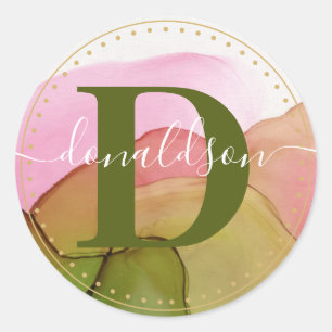 Classy Script Name & Intial Pink & Green Classic Round Sticker
