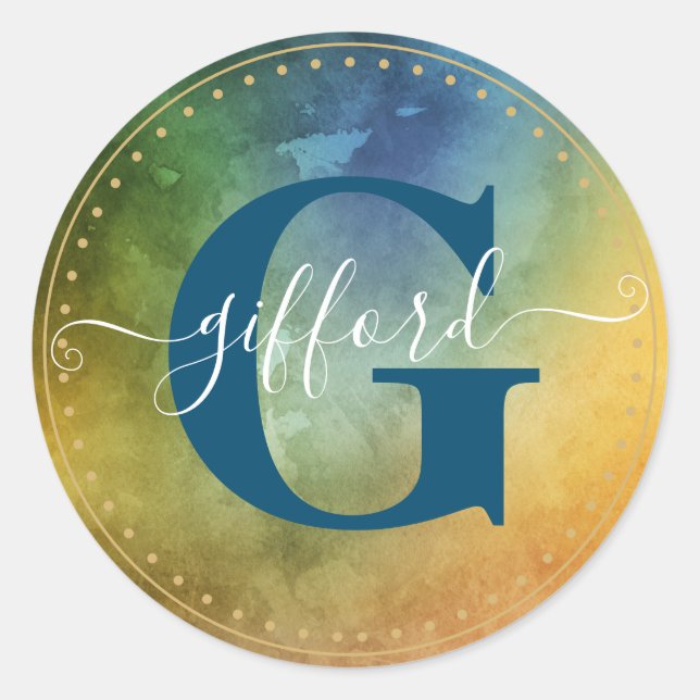 Classy Script Name with Intial | Rainbow Colour  Classic Round Sticker (Front)