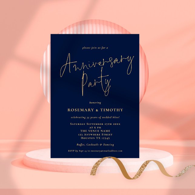 Classy Script Navy Gold Wedding Anniversary Party Invitation (Creator Uploaded)