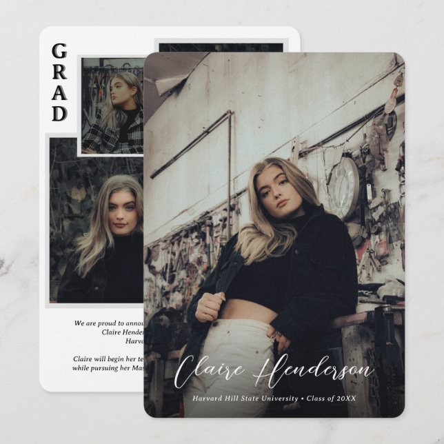 Classy Script Overlay Photo Collage Graduation Announcement (Front/Back)