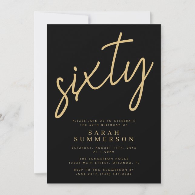 Classy Script Sixty Black Gold 60th Birthday Party Invitation (Front)