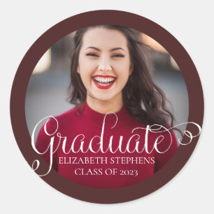 Classy Script Text Graduate Photo Maroon White Classic Round Sticker