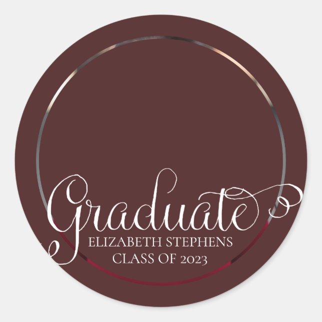 Classy Script Text Graduate Photo Maroon | White Classic Round Sticker (Front)