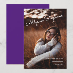 Classy Script White Text Photo Purple Graduation Announcement