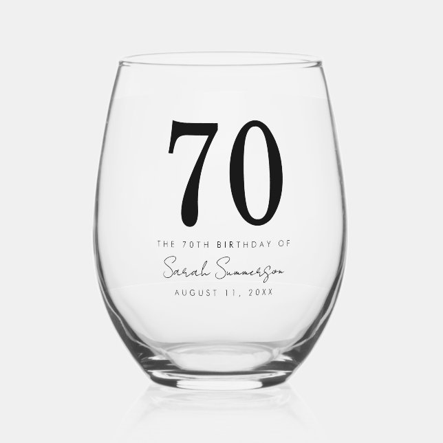 Classy Seventy Name Date 70th Birthday Party Stemless Wine Glass (Front)