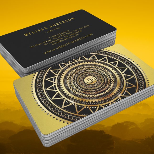 Classy Shiny Black & Gold OM Symbol Mandala Business Card (Creator Uploaded)