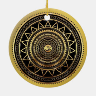 Classy Shiny Black & Gold OM Symbol Mandala Ceramic Tree Decoration