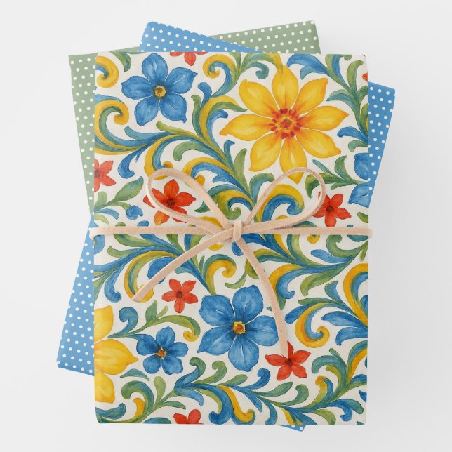 Classy Sicilian Colourful Leaves Floral Art Patter Wrapping Paper Sheet (In situ)