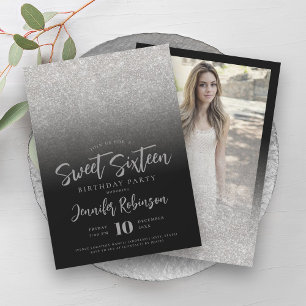 Classy Silver Black Glitter Photo Sweet 16   Invitation